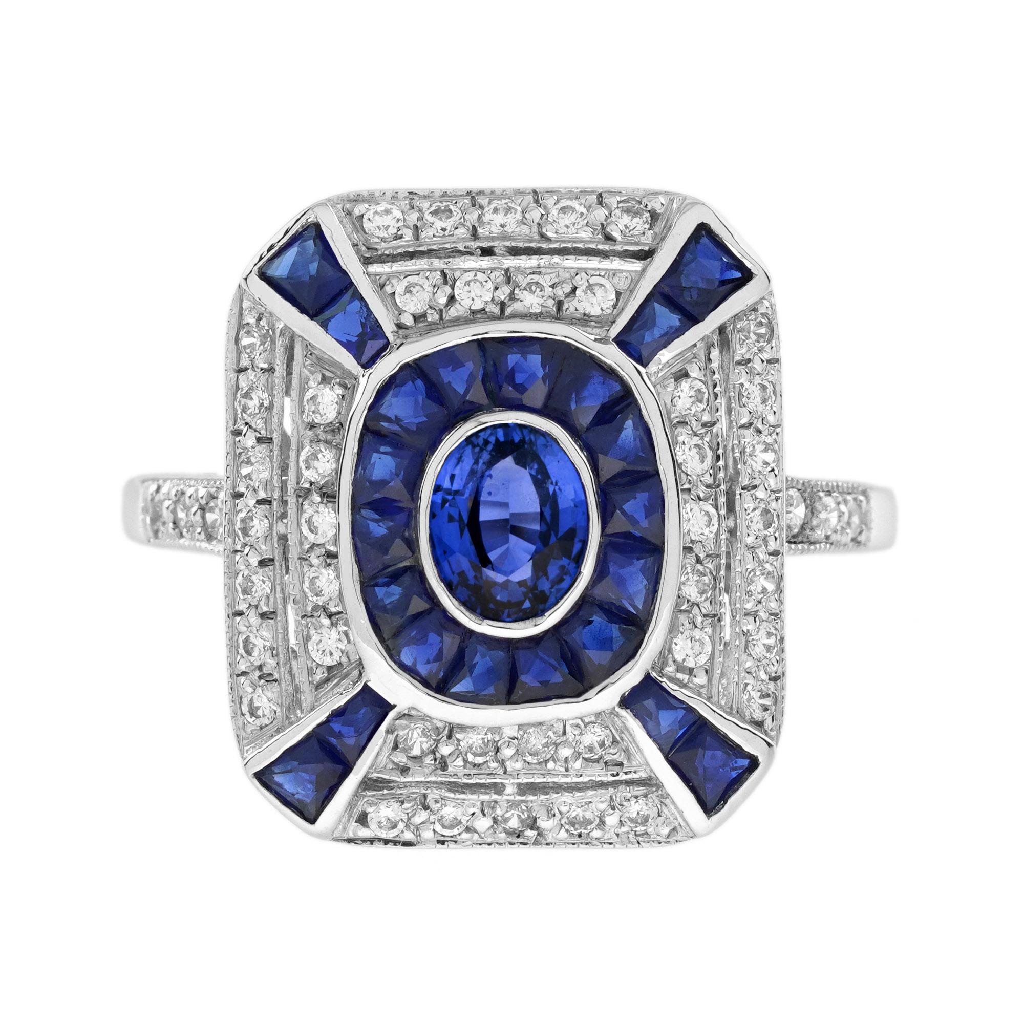 Ceylon Sapphire and Diamond Art Deco Style Halo Ring in 18K White Gold