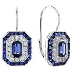 Ceylon Sapphire and Diamond Art Deco Style Lever Back Earrings in 18K White Gold