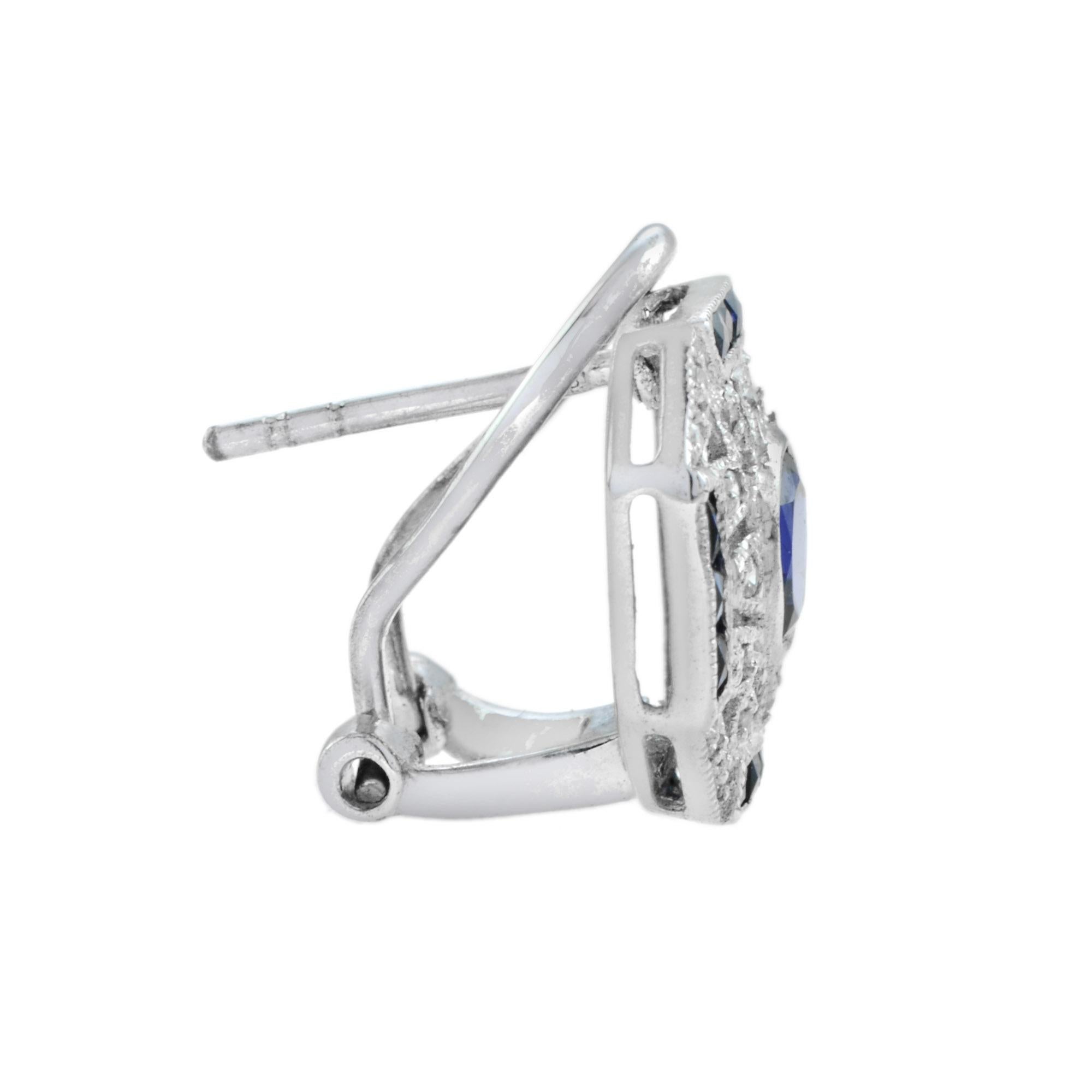Oval Cut Ceylon Sapphire and Diamond Art Deco Style Omega Stud Earrings in 18K White Gold For Sale