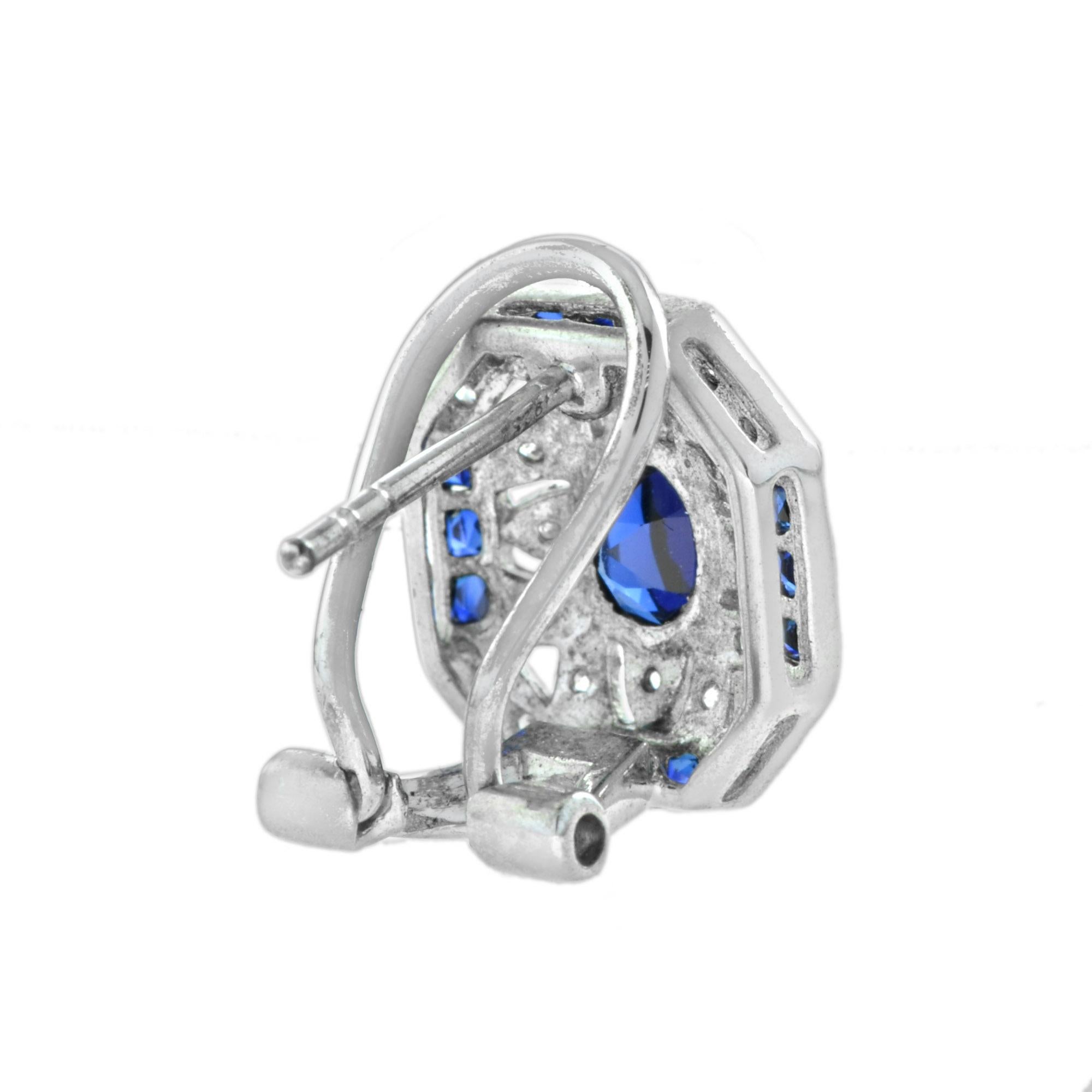Taille ovale Boucles d'oreilles Omega en or blanc 18 carats, saphir de Ceylan et diamant de style Art Déco en vente