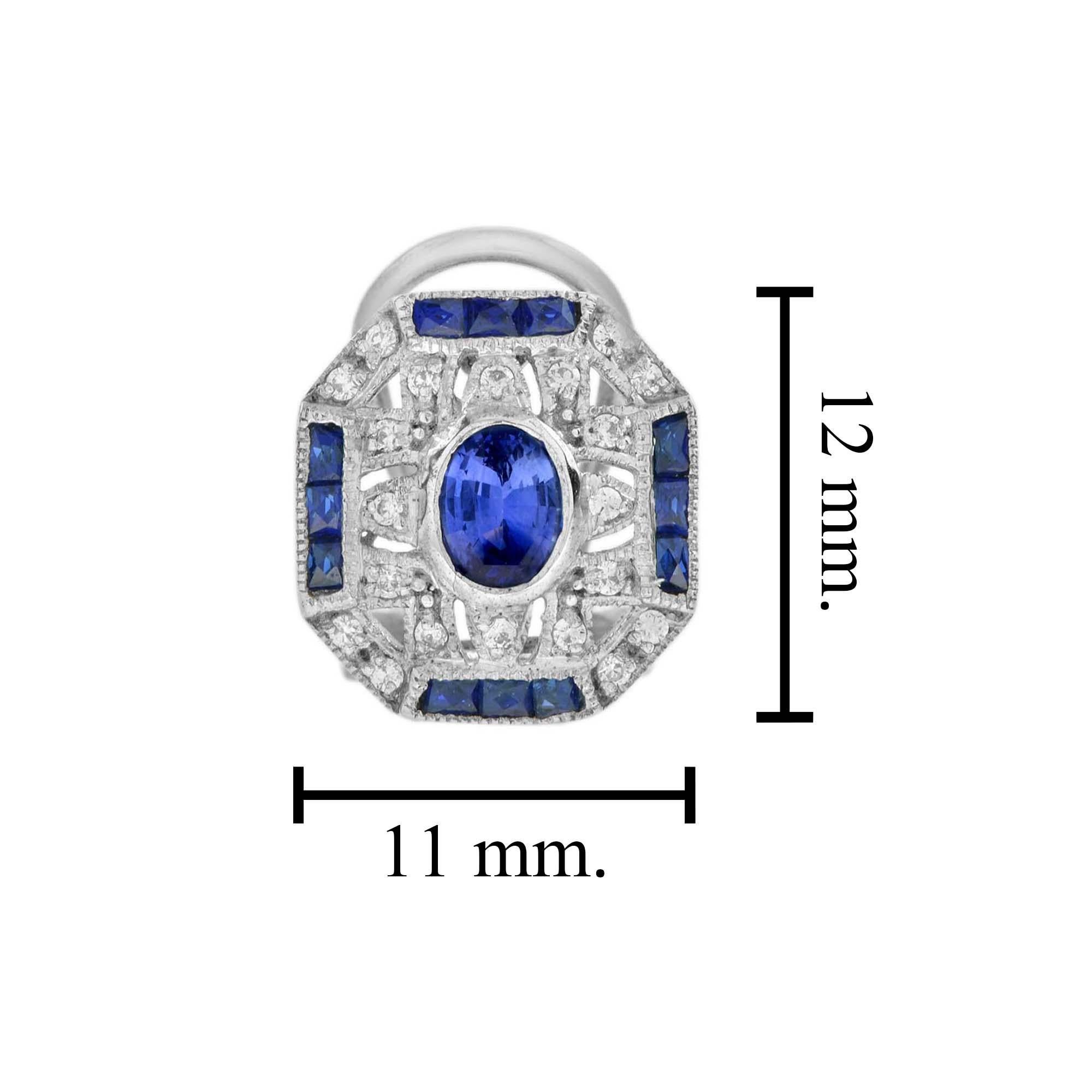 Women's Ceylon Sapphire and Diamond Art Deco Style Omega Stud Earrings in 18K White Gold For Sale