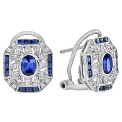 Ceylon Sapphire and Diamond Art Deco Style Omega Stud Earrings in 18K White Gold