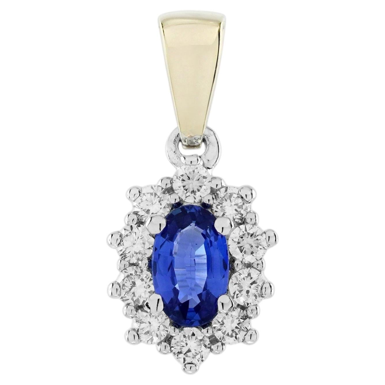 Ceylon Sapphire Diamond Halo Pendant in 18K Yellow Gold