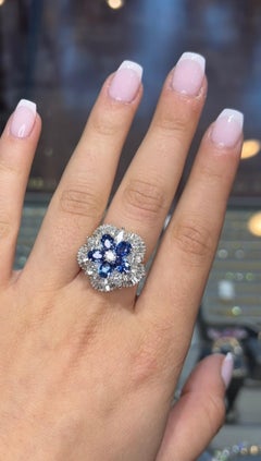 Oval Ceylon Sapphire and Diamond Cluster Ballerina Cocktail Ring 18k White Gold