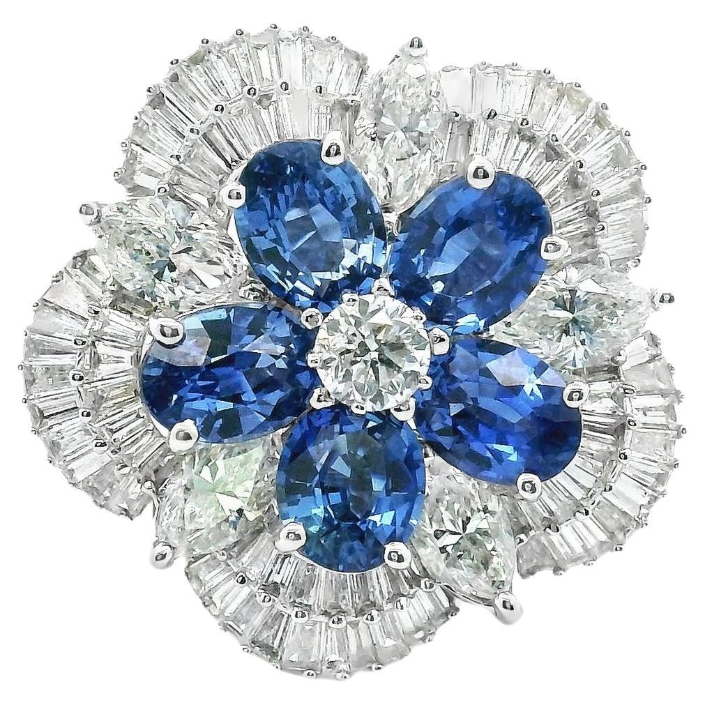Ceylon Sapphire and Diamond Cluster Ballerina Cocktail Ring 18k White Gold
