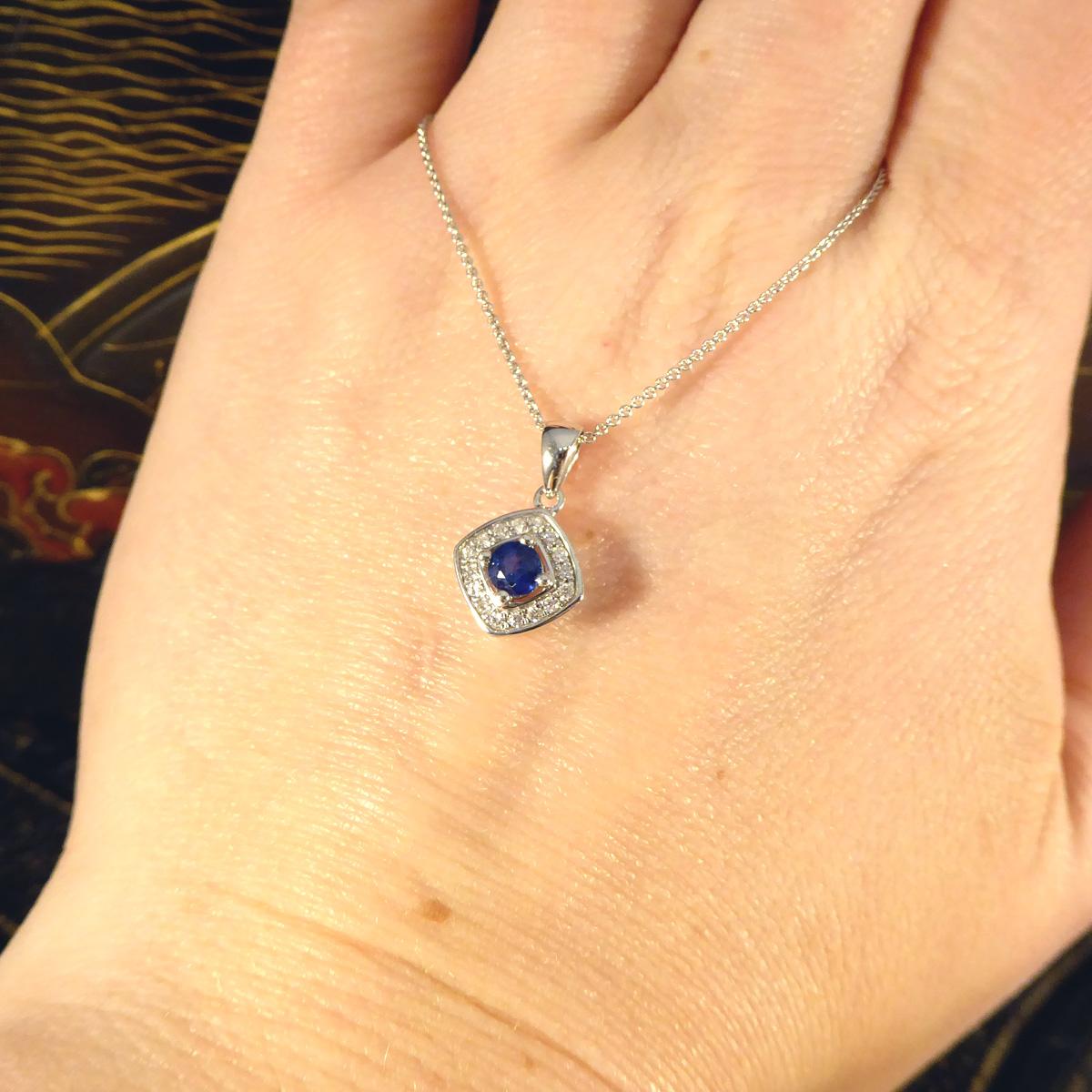 Women's Ceylon Sapphire and Diamond Cluster Pendant Necklace in White Gold For Sale