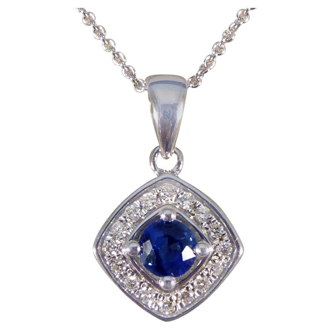 Ceylon Sapphire and Diamond Cluster Pendant Necklace in White Gold For Sale