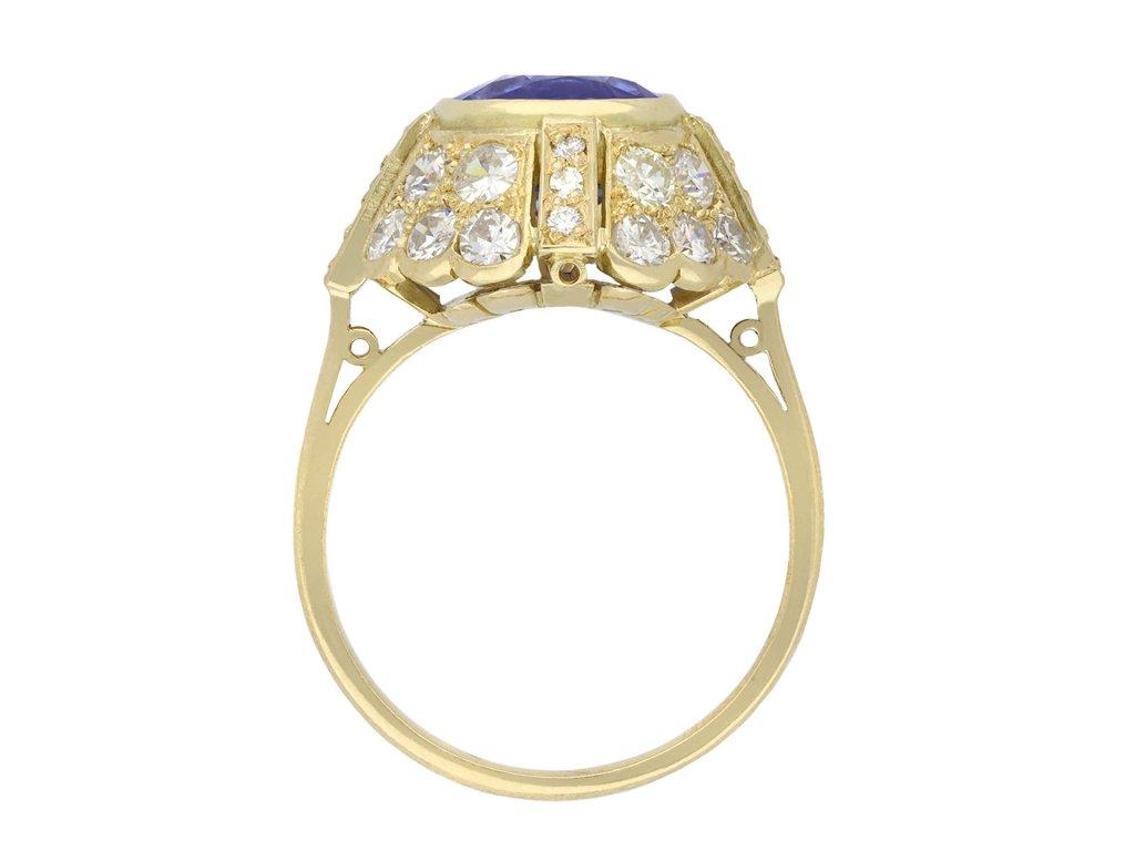 Antique Cushion Cut Ceylon Sapphire and Diamond Cluster Ring, 1940 For Sale