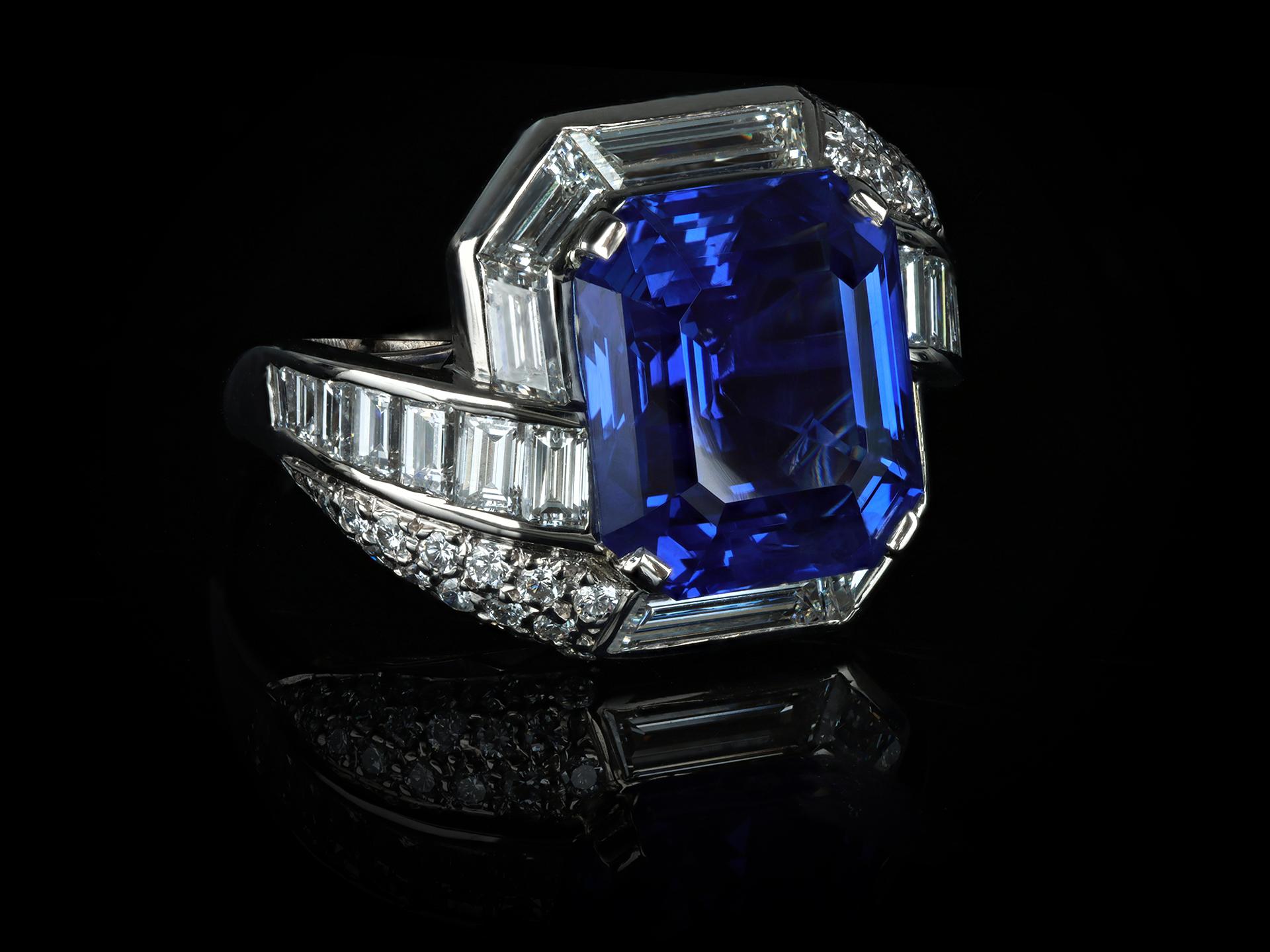 Ceylon-Saphir und Diamant-Cluster-Ring, amerikanisch, um 1960. im Angebot 2