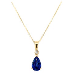 Ceylon sapphire and diamond drop pendant necklace 18k yellow gold