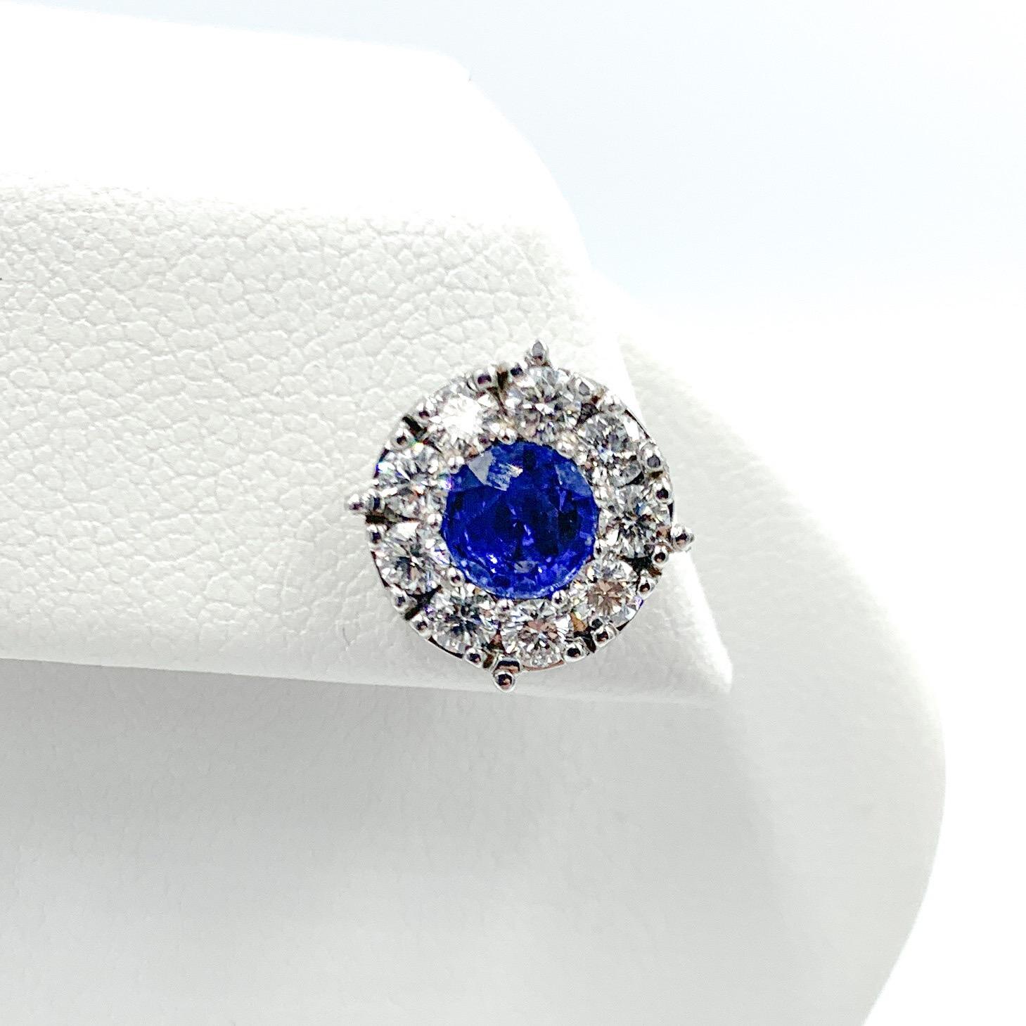 Round Cut Ceylon Sapphire and Diamond Earrings