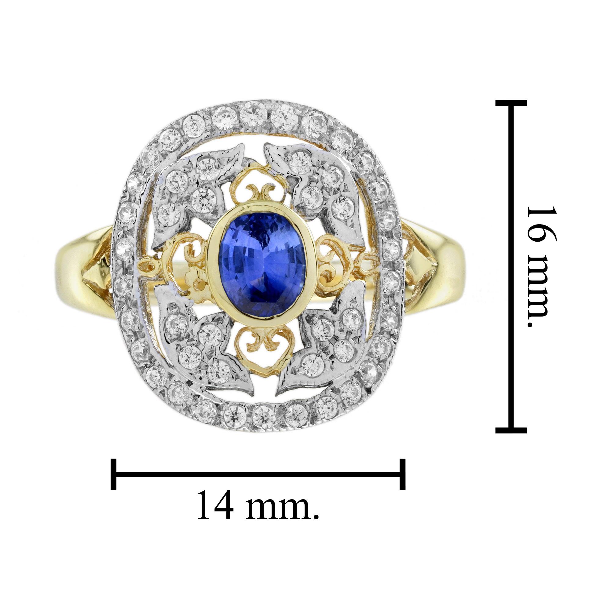 Donna Anello di fidanzamento in stile edoardiano con zaffiro di Ceylon e diamanti in oro bicolore 18 carati in vendita