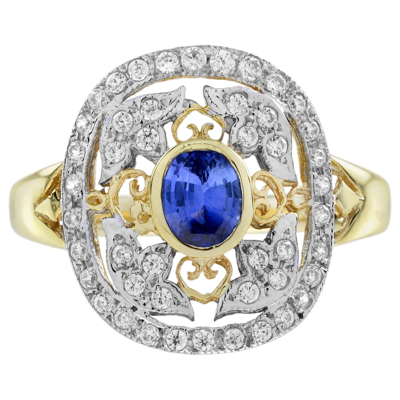 Ceylon Sapphire and Diamond Edwardian Style Engagement Ring in 18K Two Tone Gold
