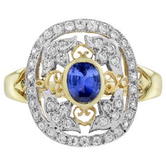 Ceylon Sapphire and Diamond Edwardian Style Engagement Ring in 18K Two Tone Gold
