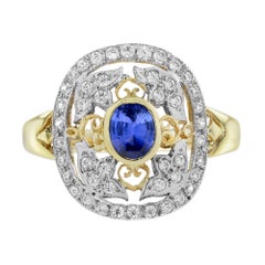 Anello di fidanzamento in stile edoardiano con zaffiro di Ceylon e diamanti in oro bicolore 18 carati