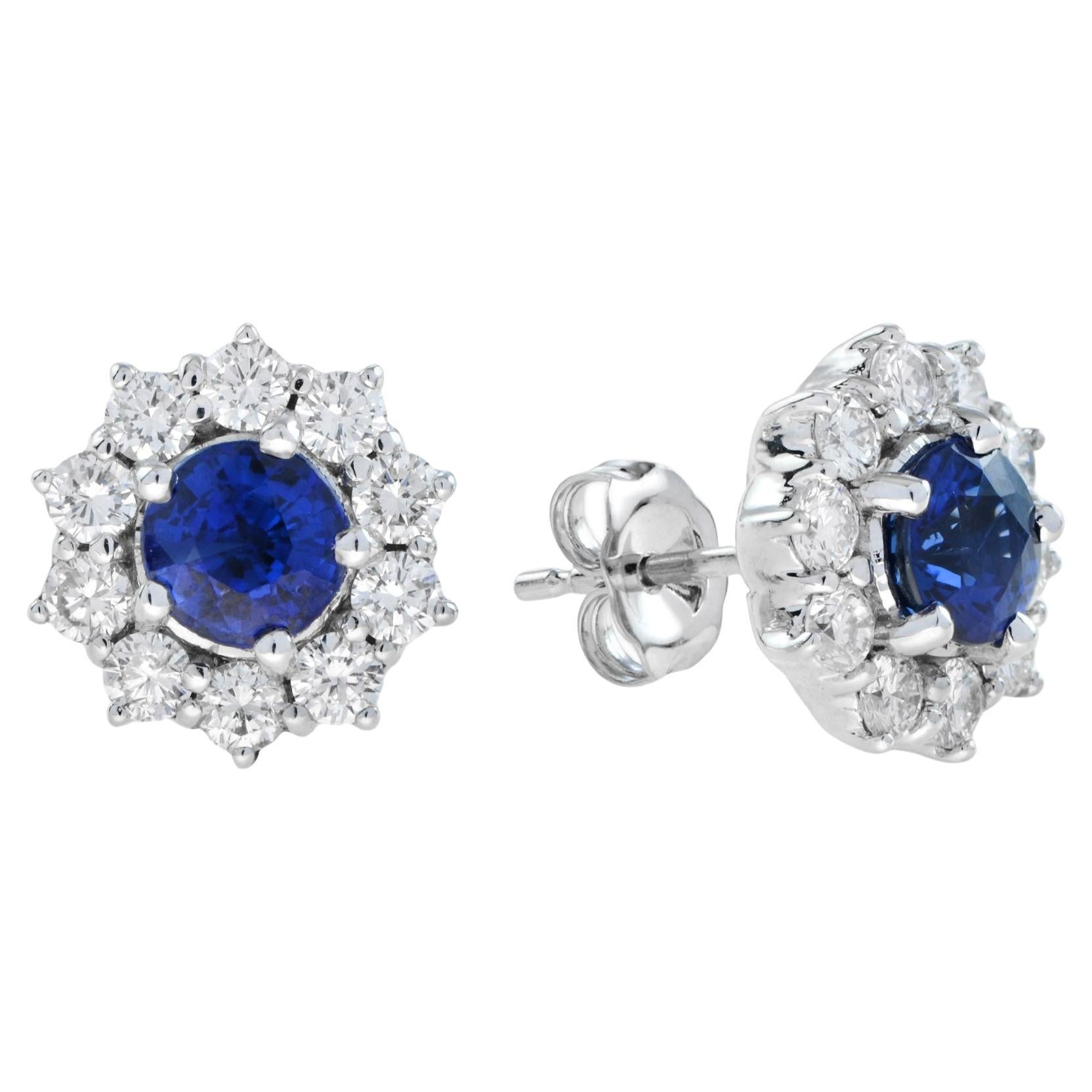 Ceylon Sapphire and Diamond Halo Classic Stud Earrings in 18K White Gold