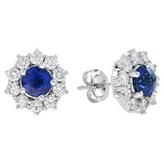 Ceylon Sapphire and Diamond Halo Classic Stud Earrings in 18K White Gold
