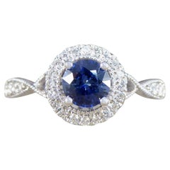 Ceylon Sapphire and Diamond Halo Cluster Ring with Diamond Shoulders White Gold