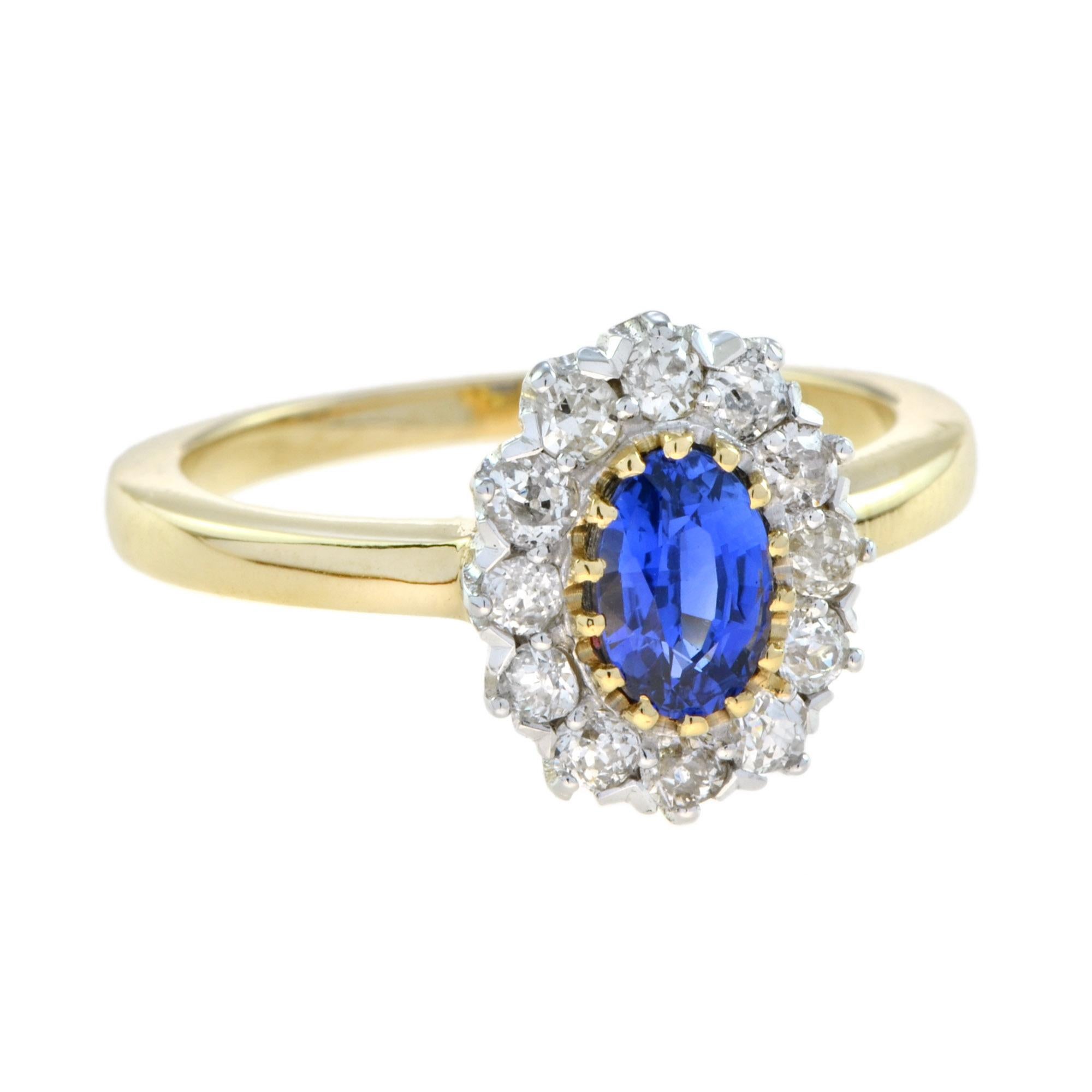 A sapphire ring in yellow gold with diamonds. An exquisite oval sapphire, weighing 0.85 carats, is set into 18k yellow gold and accentuated by a halo of diamonds.
Sapphires have been long associated with romance. This classic ring is a timeless