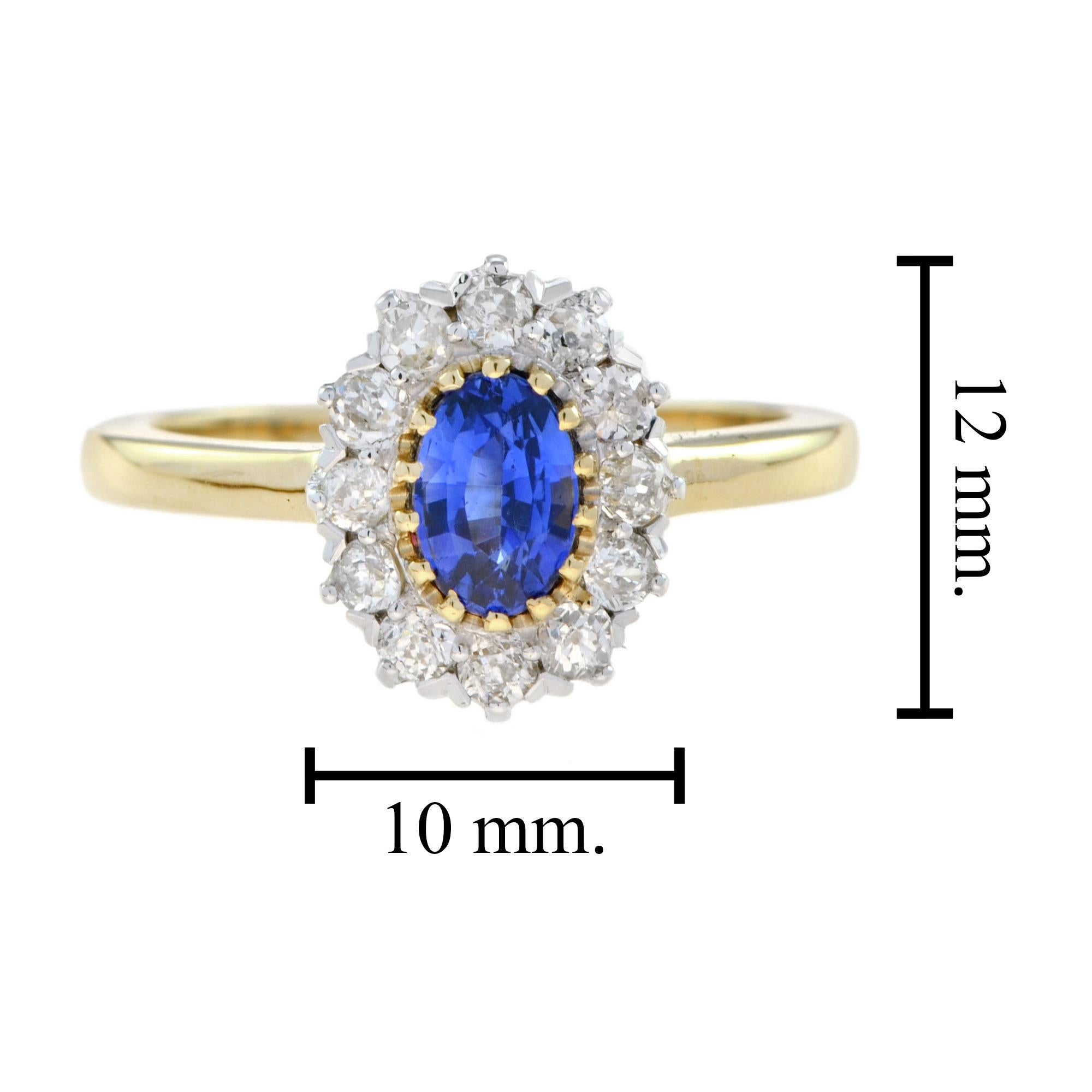 Ceylon Sapphire and Diamond Halo Engagement Ring in 18K Yellow Gold For Sale 1