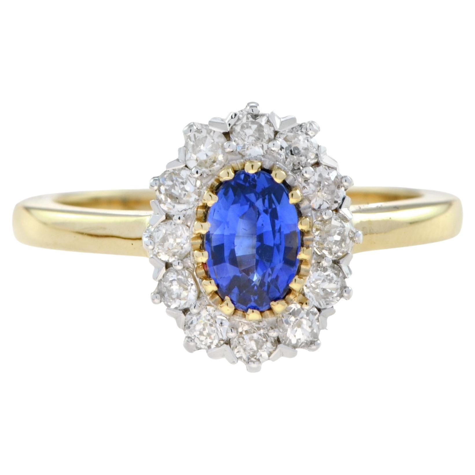 Ceylon Sapphire and Diamond Halo Engagement Ring in 18K Yellow Gold