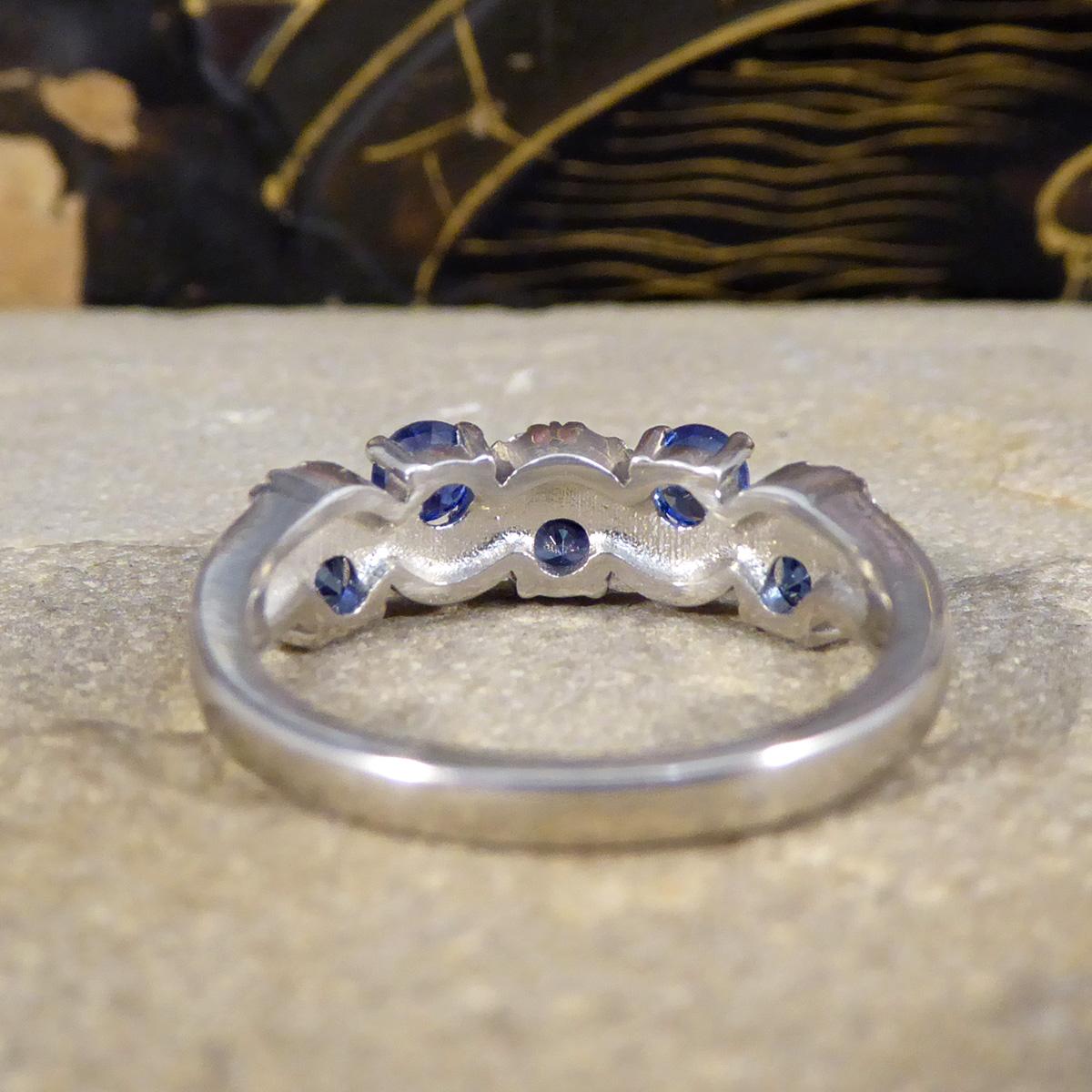 Round Cut Ceylon Sapphire and Diamond Lazy River Ring in Platinum For Sale