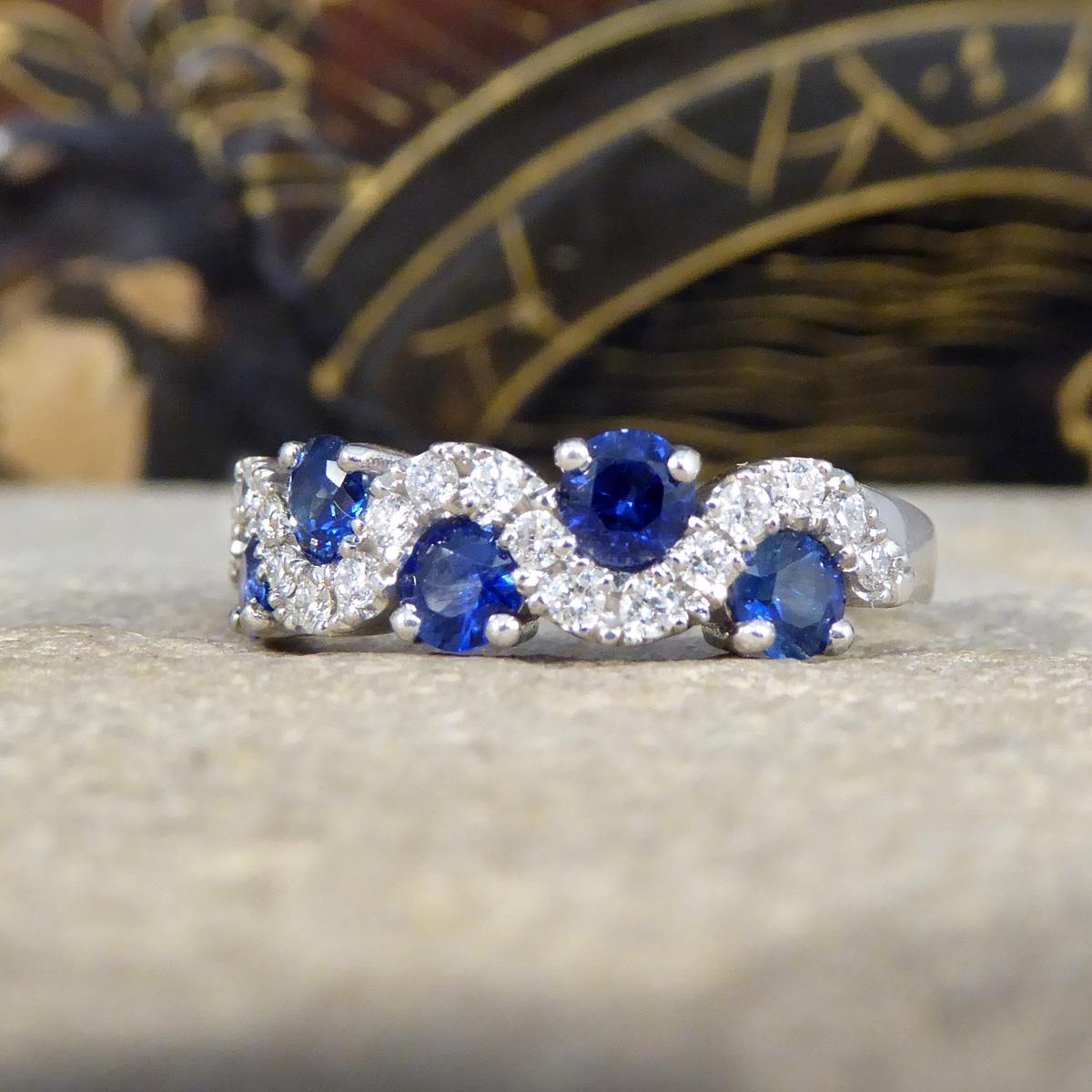Ceylon Sapphire and Diamond Lazy River Ring in Platinum In New Condition For Sale In Yorkshire, West Yorkshire