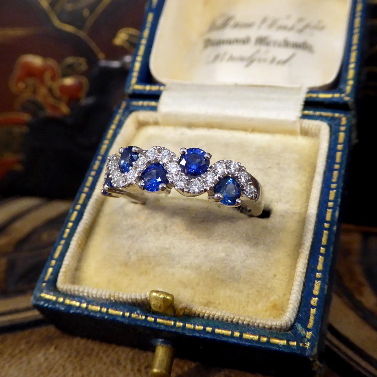 Ceylon Sapphire and Diamond Lazy River Ring in Platinum For Sale 1