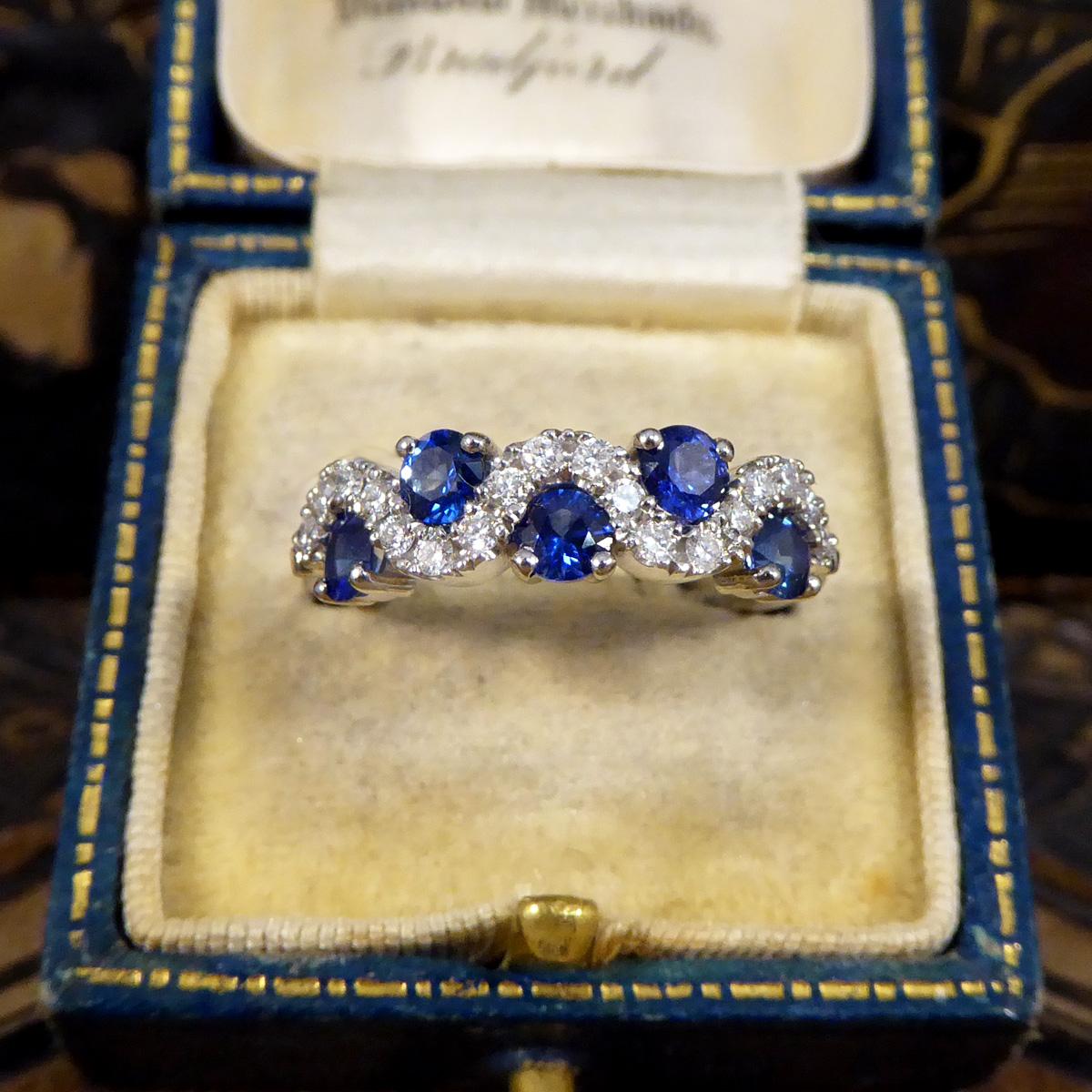 Ceylon Sapphire and Diamond Lazy River Ring in Platinum For Sale 2