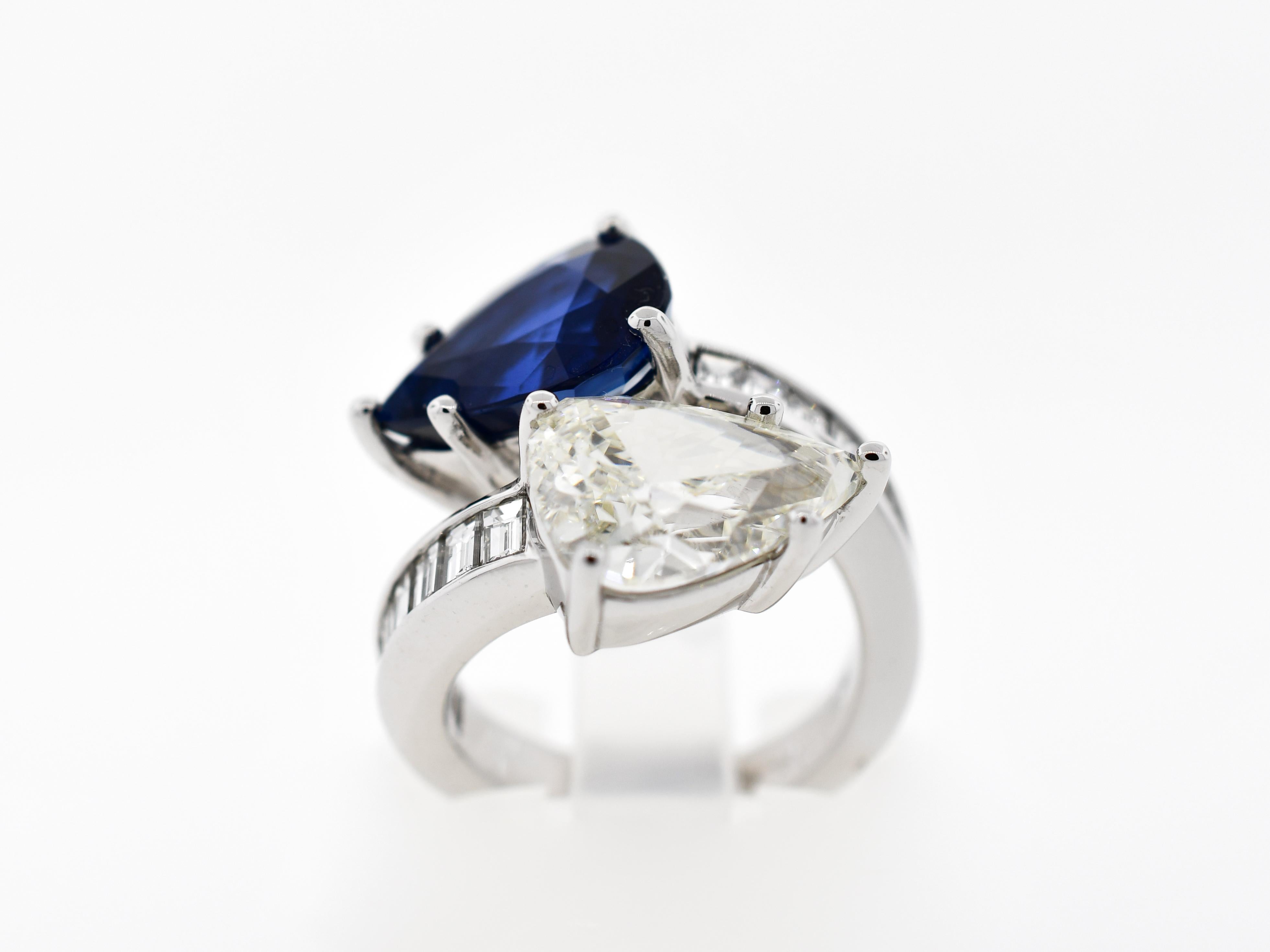 Contemporary Ceylon Sapphire and Diamond Platinum Bypass Ring For Sale