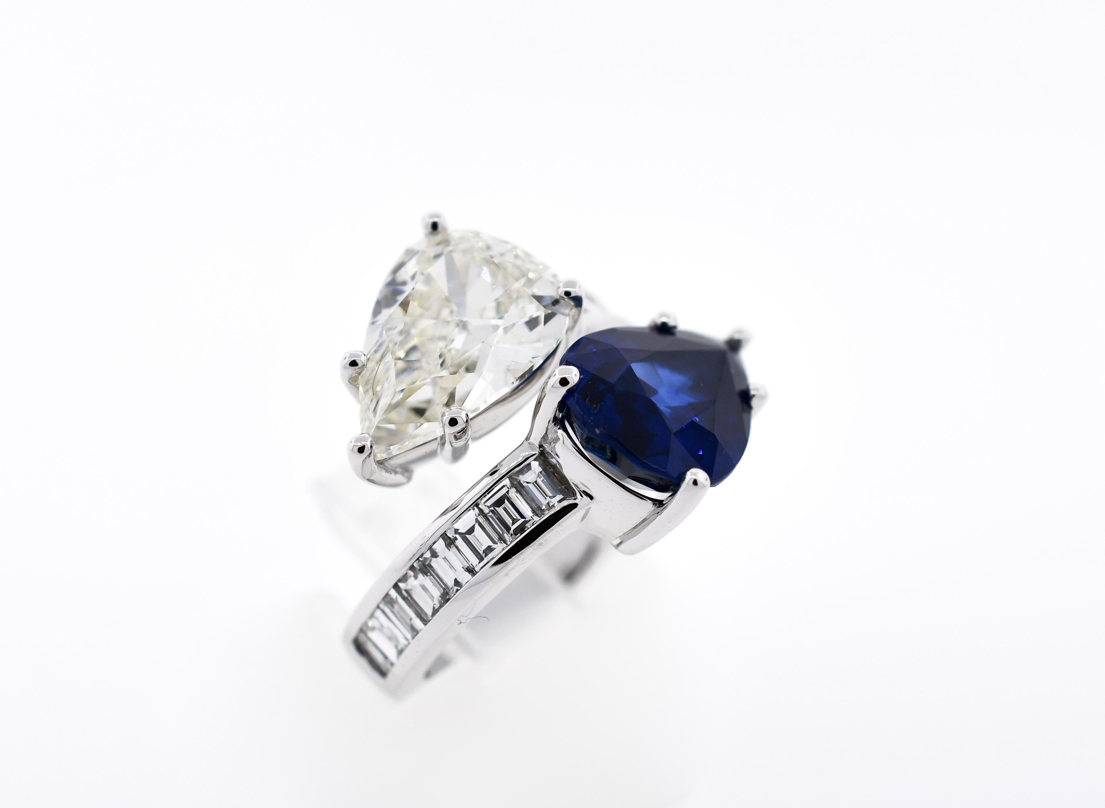 Pear Cut Ceylon Sapphire and Diamond Platinum Bypass Ring For Sale