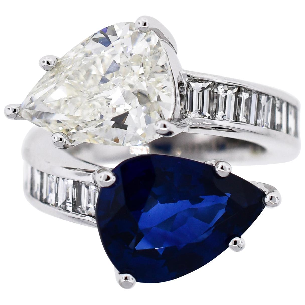 Ceylon Sapphire and Diamond Platinum Bypass Ring For Sale
