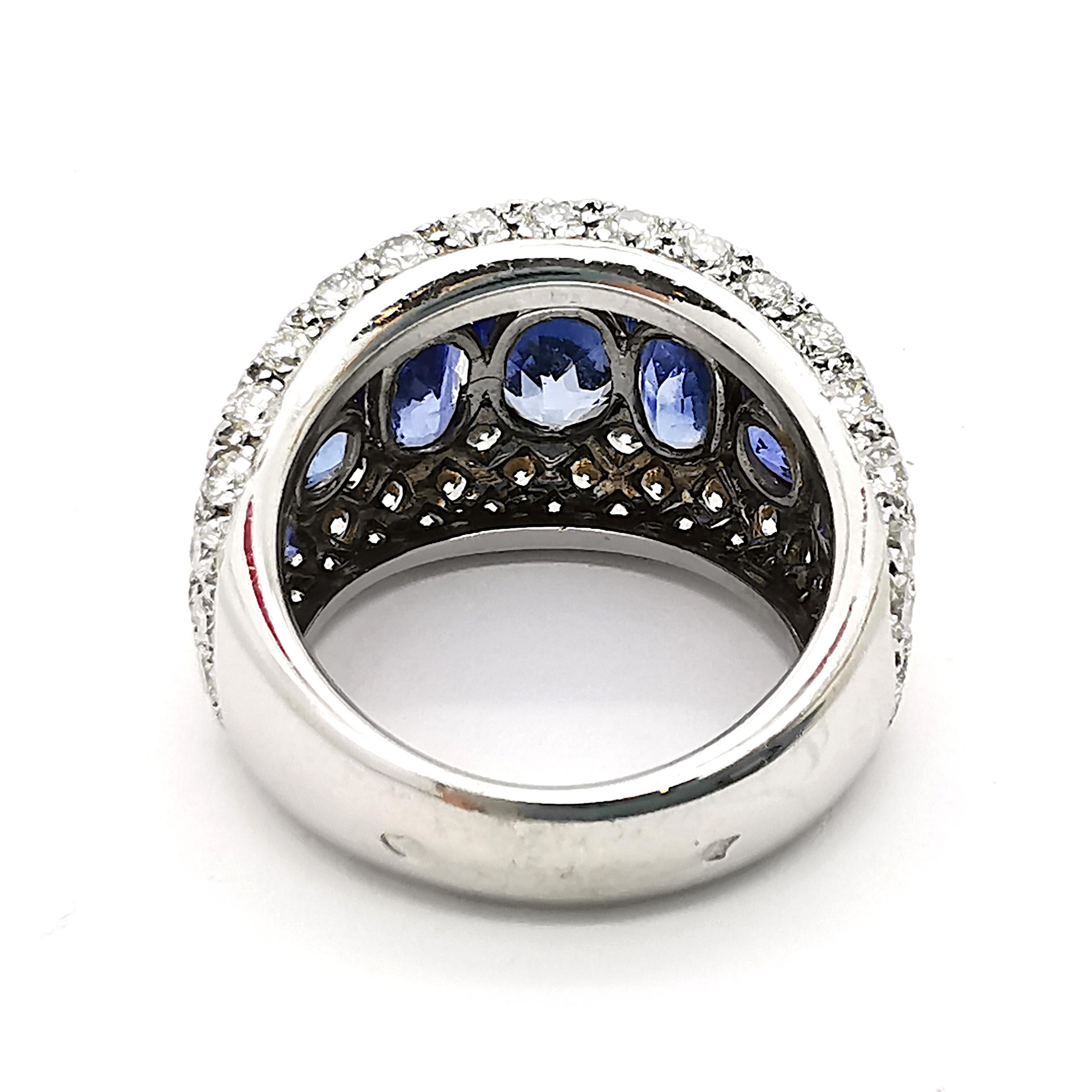 Oval Cut French Sapphire Diamond and White Gold Ring, Circa 1990 For Sale