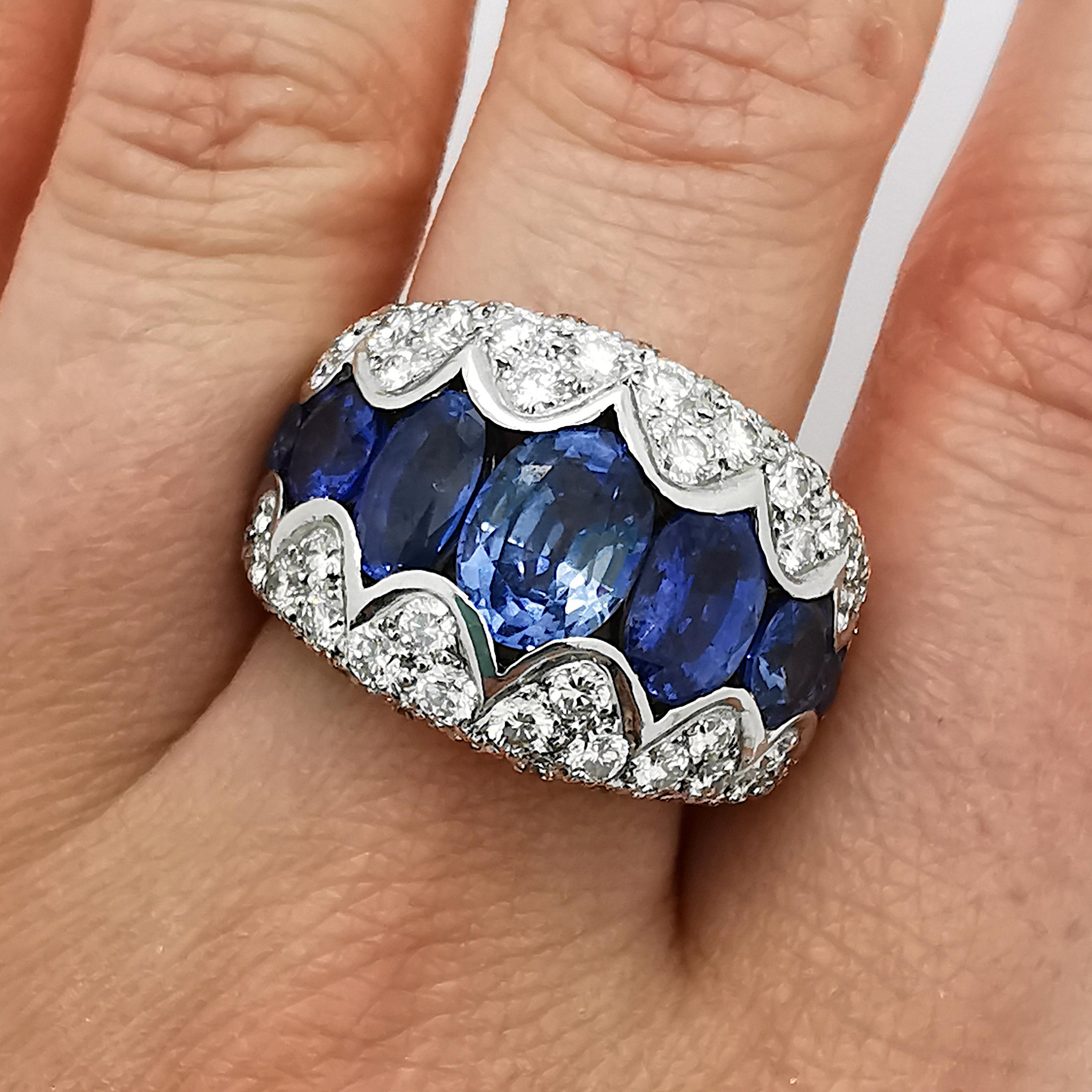 Retro French Sapphire Diamond and White Gold Ring, Circa 1990 For Sale