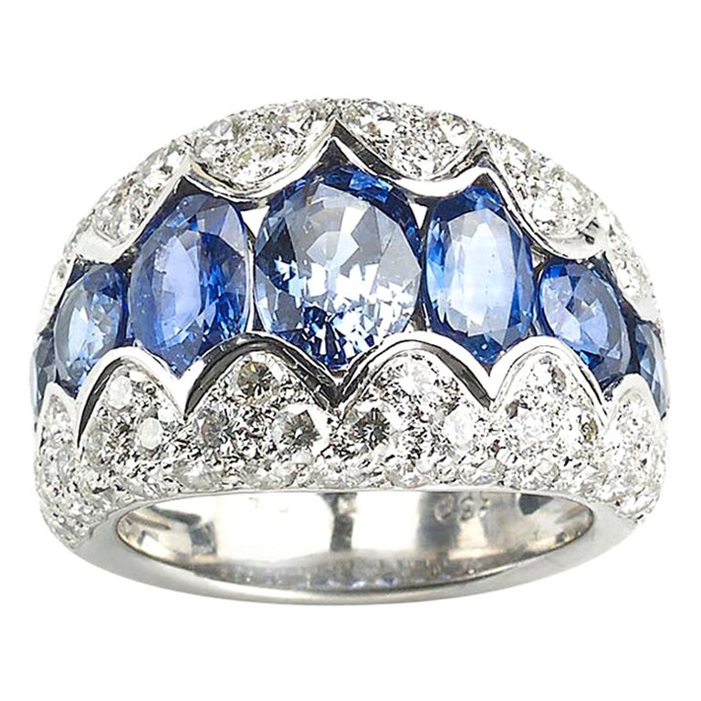 French Sapphire Diamond and White Gold Ring, Circa 1990 For Sale