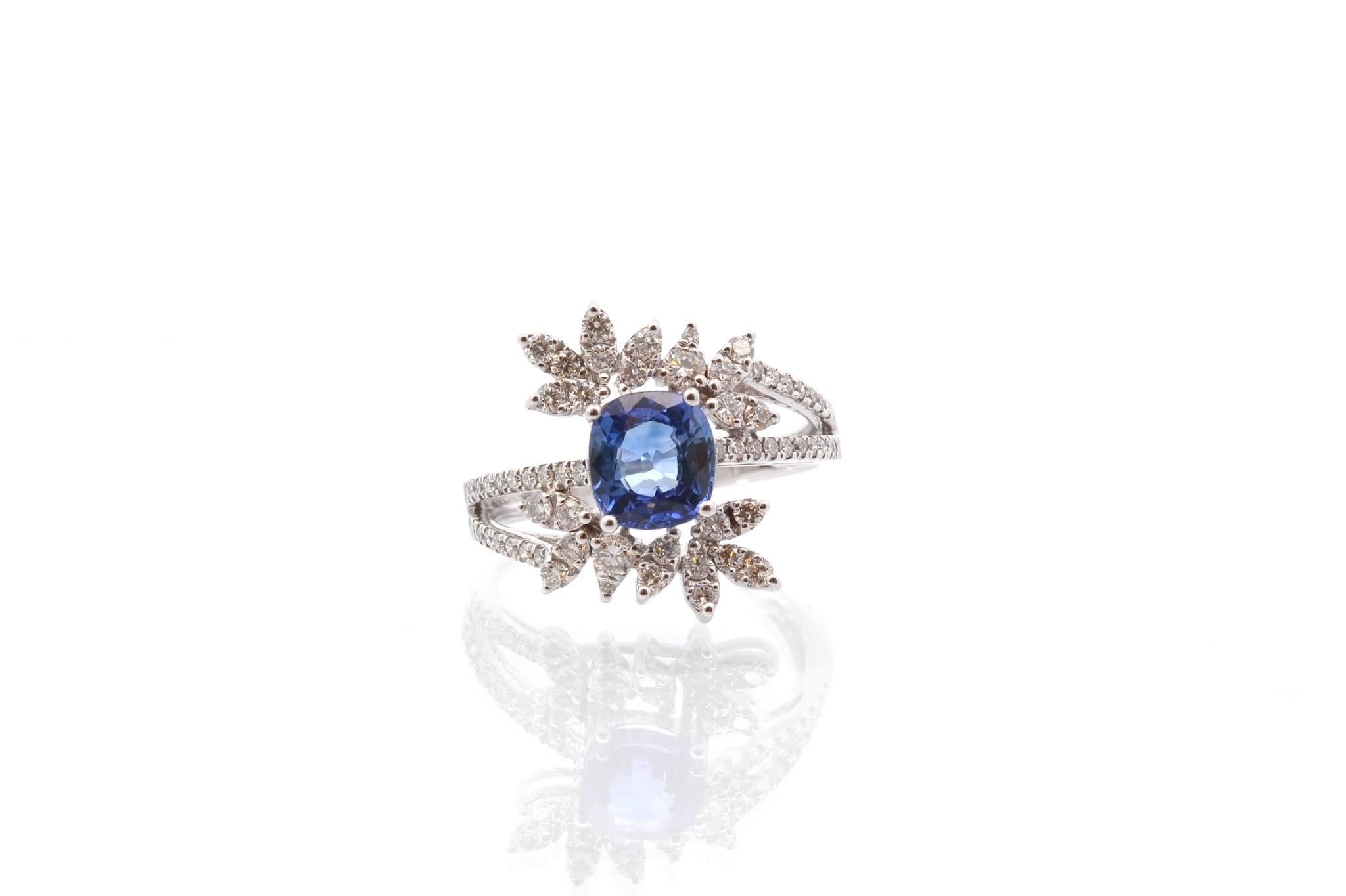 Stones: Sapphire of 1.65 cts and 62 diamonds of 0.65 ct
Material: 18k white gold
Weight: 4.2g
Period: Recent
Size: 54 (free sizing)
Certificate
Ref. : 25626