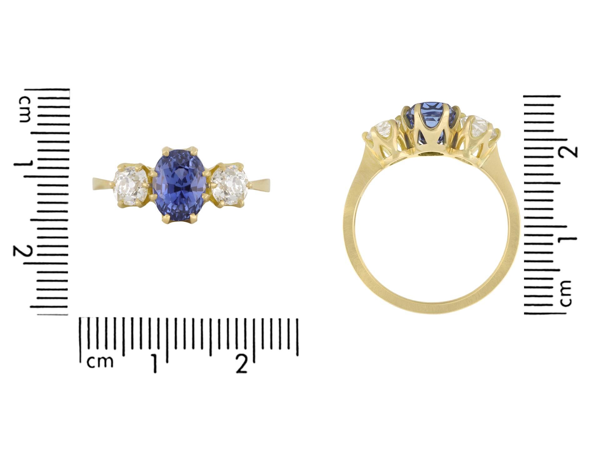 Ceylon sapphire and diamond three stone ring, circa 1900. In Good Condition In London, GB