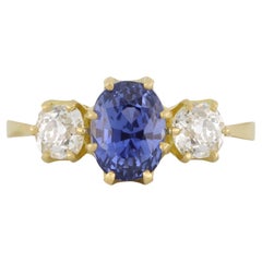 Ceylon sapphire and diamond three stone ring, circa 1900.