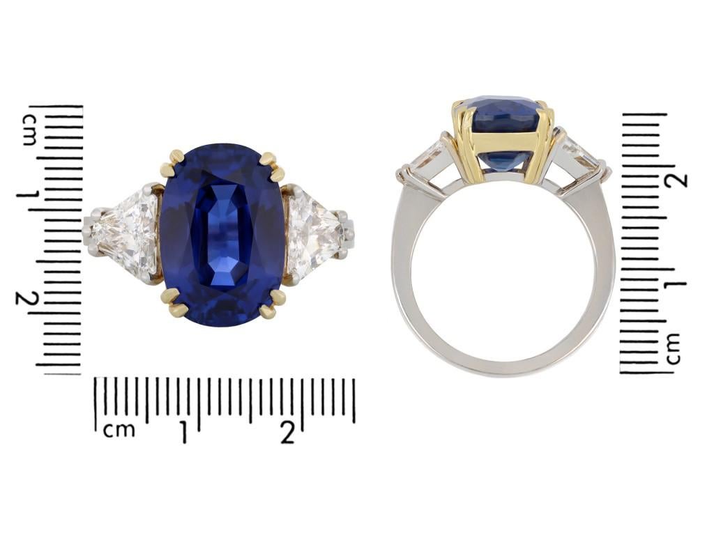 Trillion Cut Ceylon Sapphire and Diamond Three Stone Ring, circa 1970 For Sale