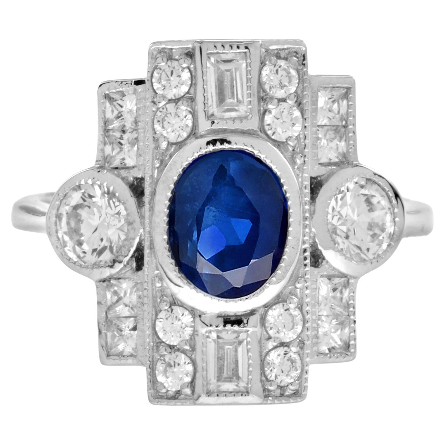 Im Angebot: Ring mit drei Steinen aus 18 Karat Weißgold mit Ceylon-Saphir und Diamant ()