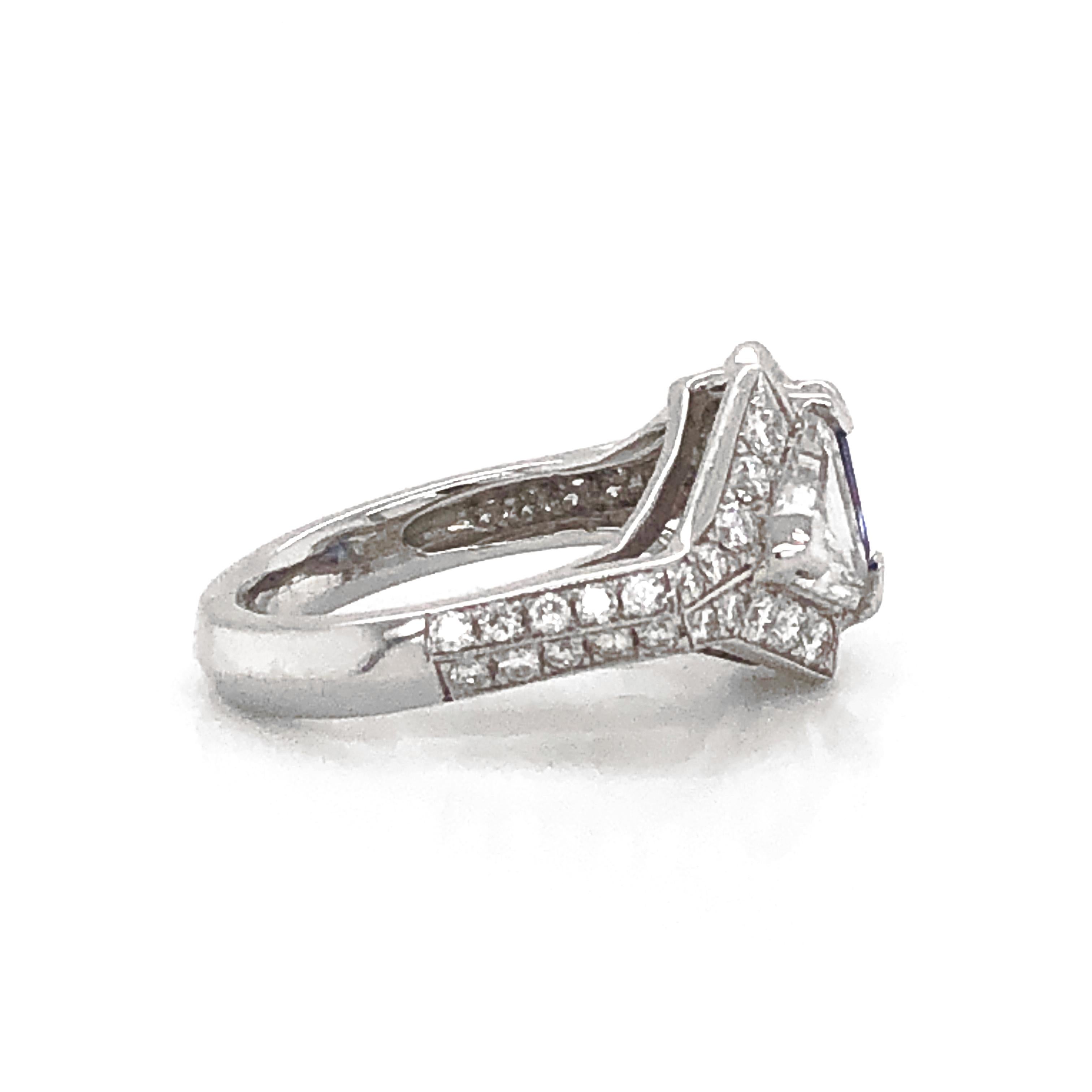 Trillion Cut Ceylon Sapphire 1.22 Carat and Diamond 0.97 Carat Twin Combination Platinum Ring For Sale