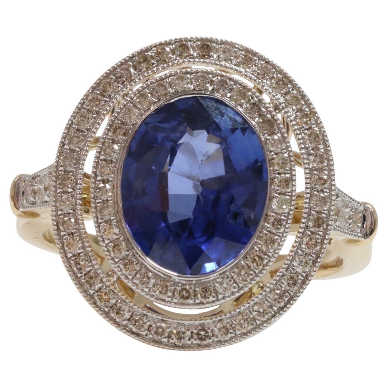 Ceylon Sapphire and Diamonds in 14ct White and Yellow Gold art deco style ring For Sale