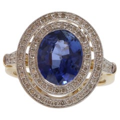 Bague de style art déco en saphir de Ceylan et diamants en or blanc et jaune 14ct