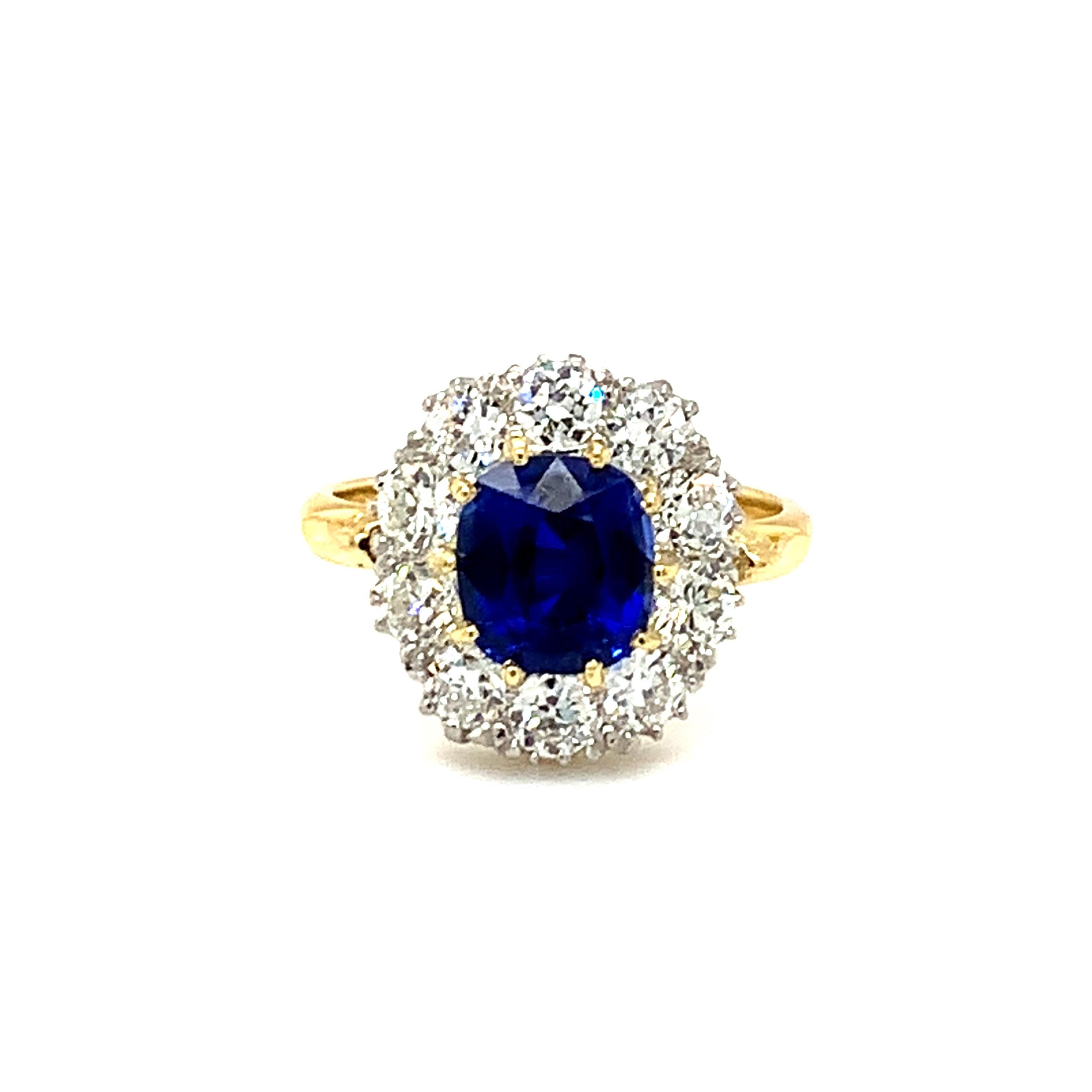 Edwardian Ceylon Sapphire and Old Cut Diamond Cluster Ring For Sale