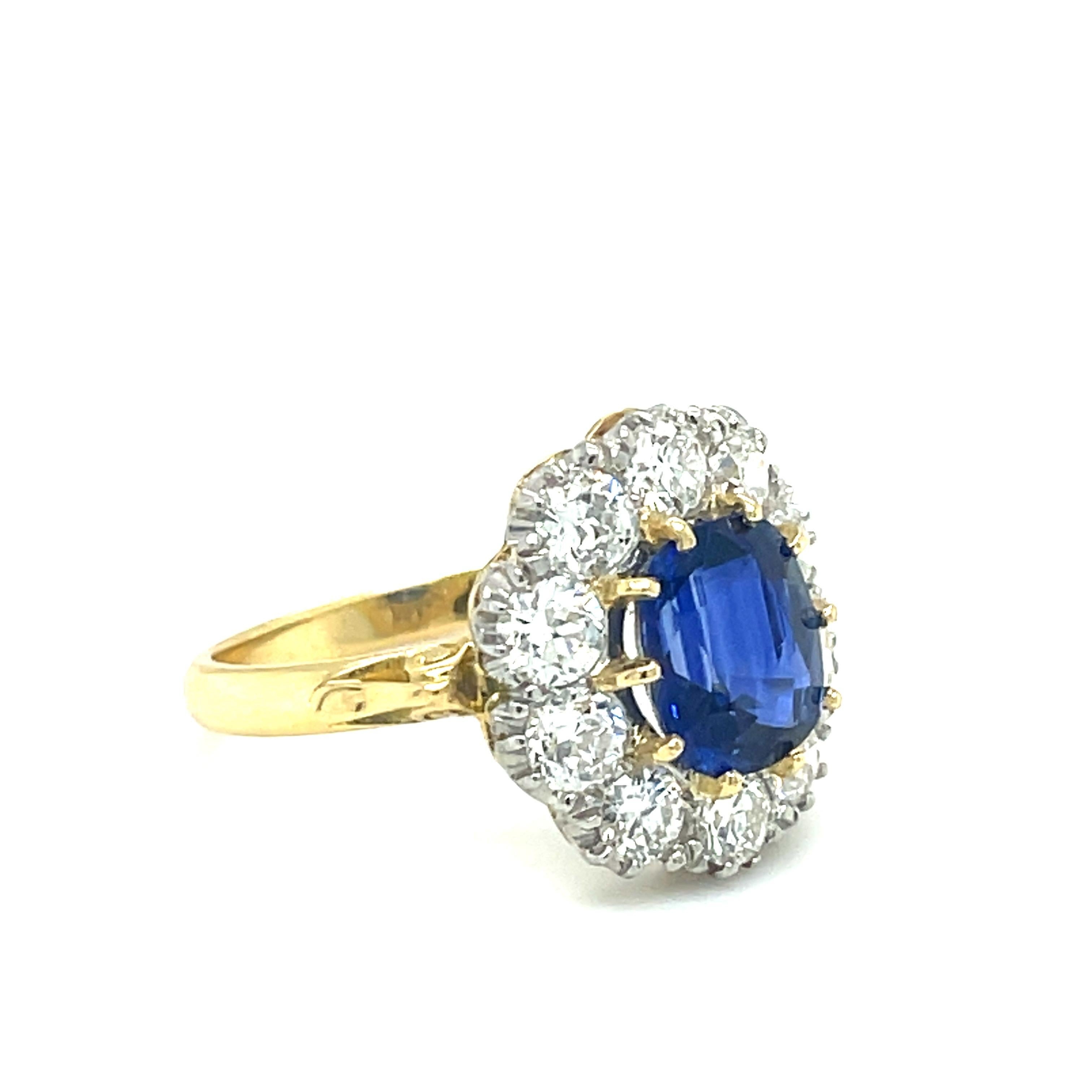 Ceylon Sapphire and Old Cut Diamond Cluster Ring For Sale 1