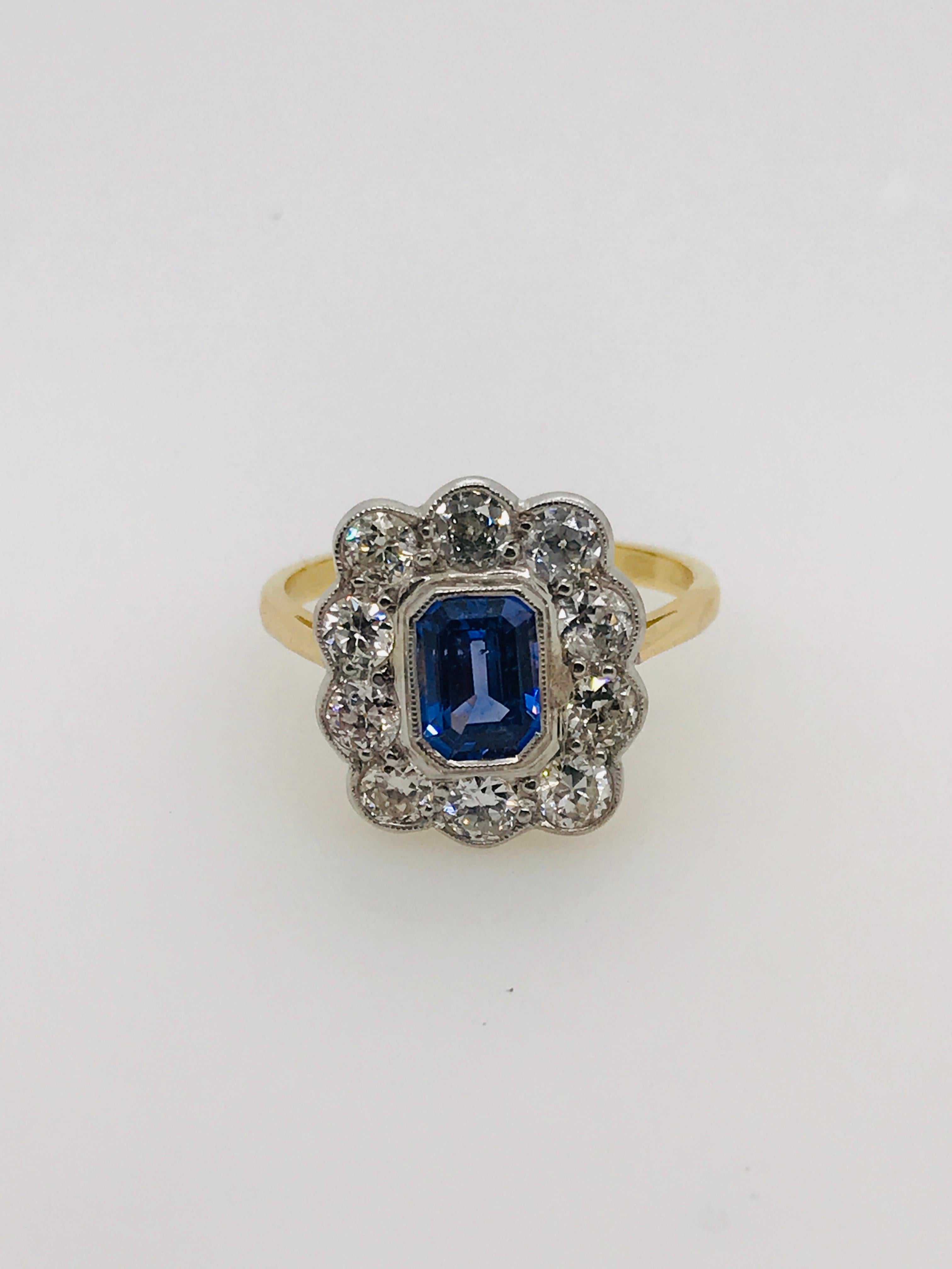 Post-War Ceylon Sapphire and Old Cut Diamond Scalloped Cluster Ring in Platinum and 18ct