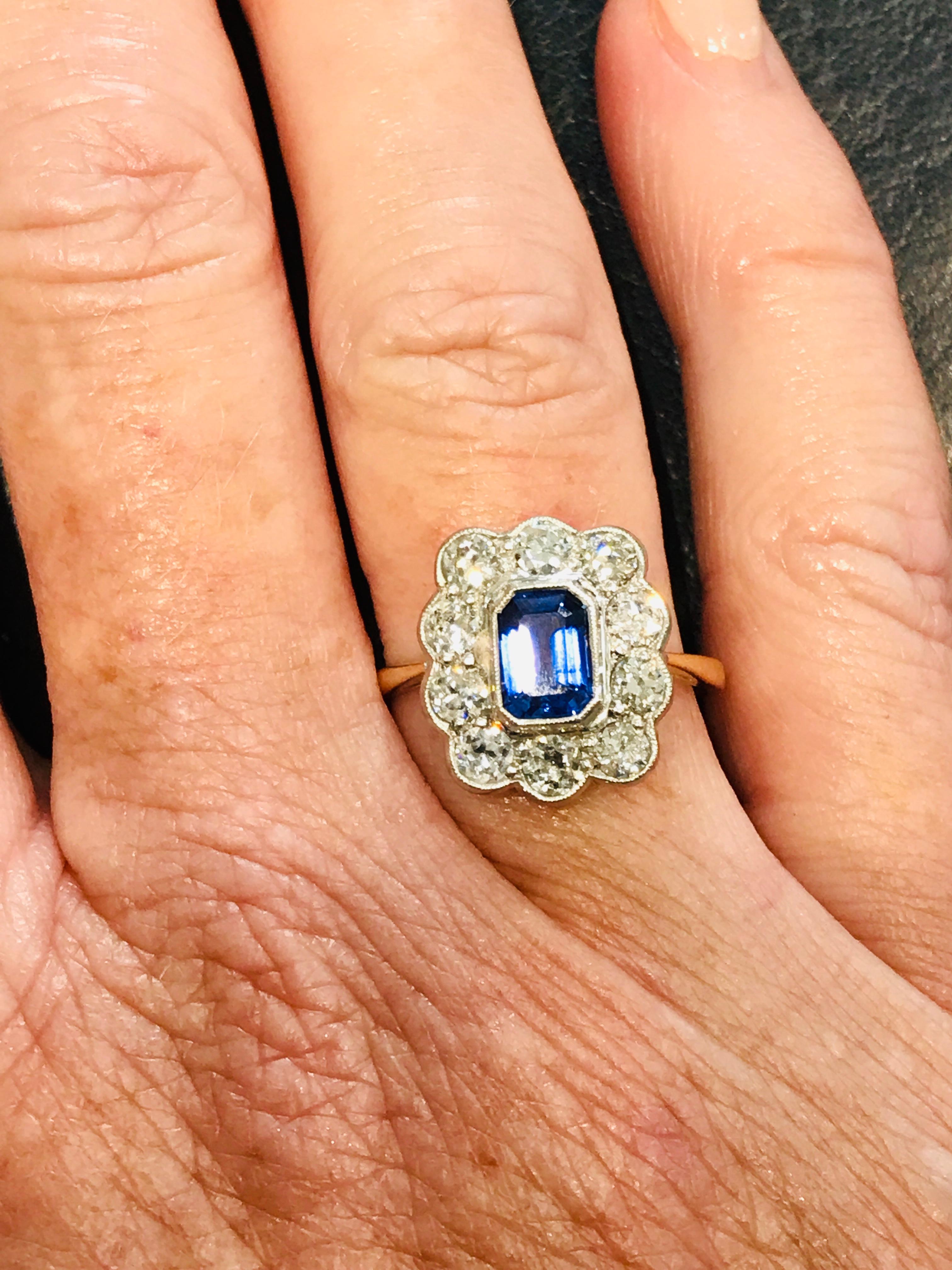 Emerald Cut Ceylon Sapphire and Old Cut Diamond Scalloped Cluster Ring in Platinum and 18ct