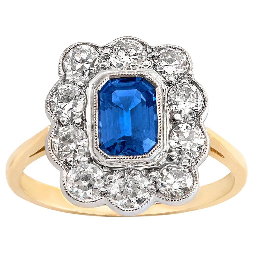 Ceylon Sapphire and Old Cut Diamond Scalloped Cluster Ring in Platinum and 18ct