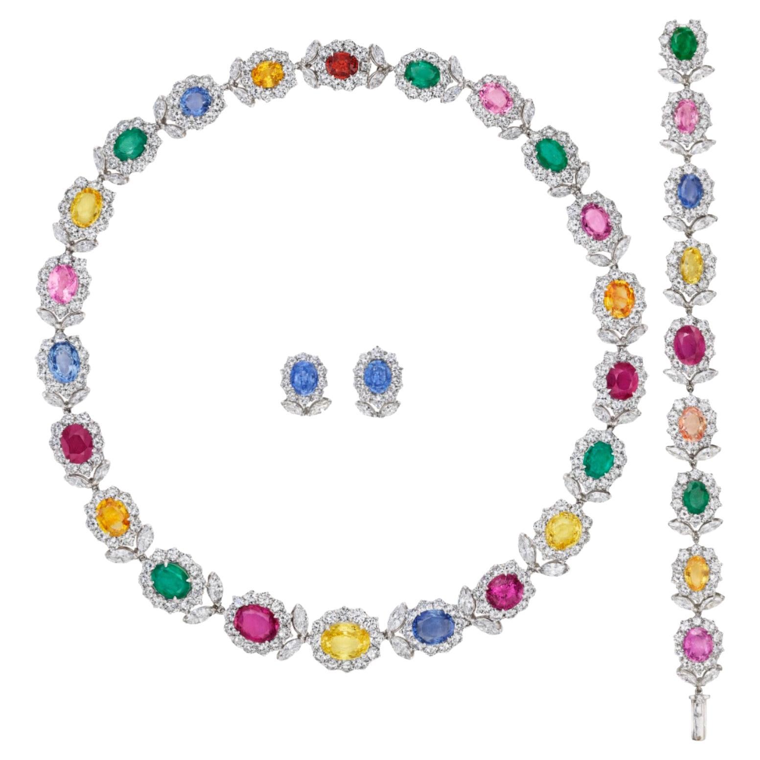 Ceylon Sapphire, Burma Spinel, Brazilian Emerald and Diamond Jewelry Set For Sale