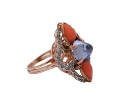Ceylon Sapphire, Coral, Diamonds, Rose Gold and Silver Ring.